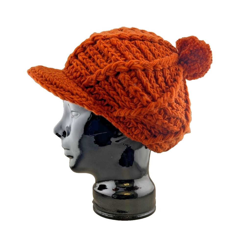 True Vtg Womens Crochet Beret Hat Handwoven Pom Pom Kmart 70s Burnt Orange Japan